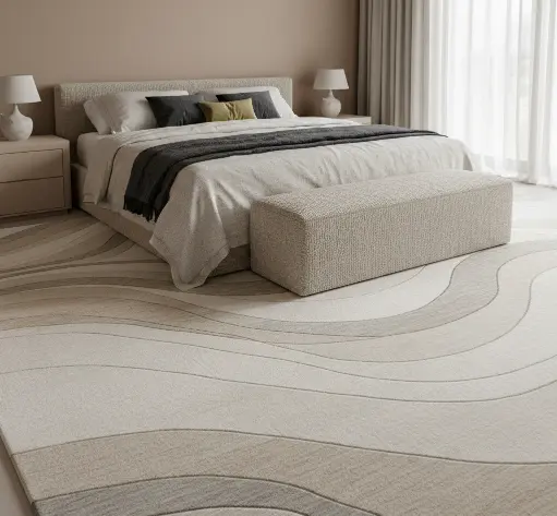 Bright airy bedroom with a light blue and white checkered pattern carpet and soft blue walls.