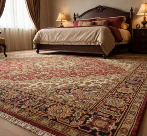 Contemporary bedroom decor with a navy blue, grey, and yellow geometric triangle pattern rug.
