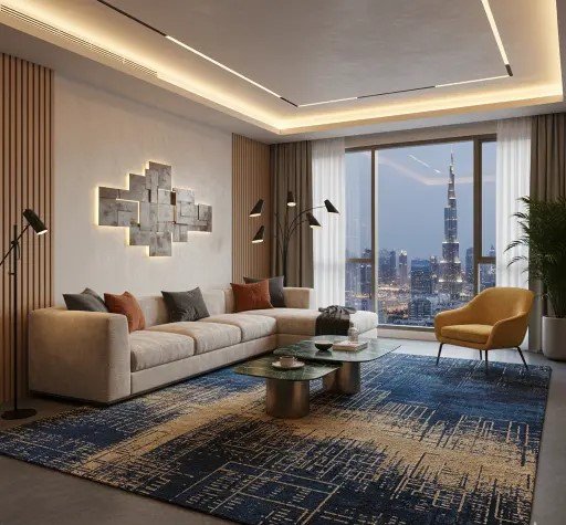 Contemporary living space with a dark teal and gold textured rug and leather accent chairs.