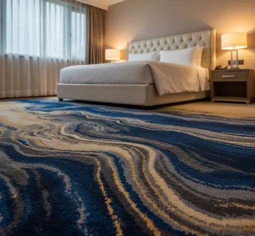 Contemporary restaurant workspace with a vibrant teal and mustard yellow abstract rug.