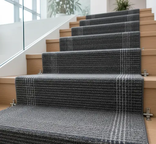 Contemporary wooden stairs with a dark grey textured carpet runner and metal clips.