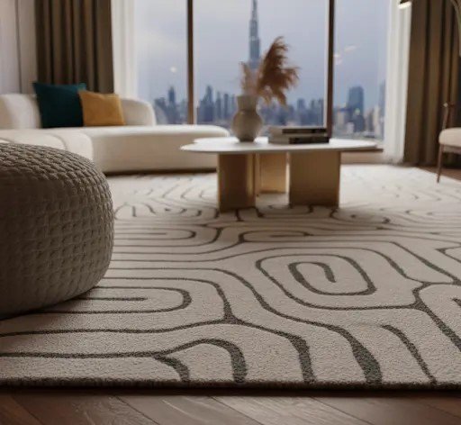Cozy bohemian living room featuring a textured beige jute rug and rustic brick wall interior.