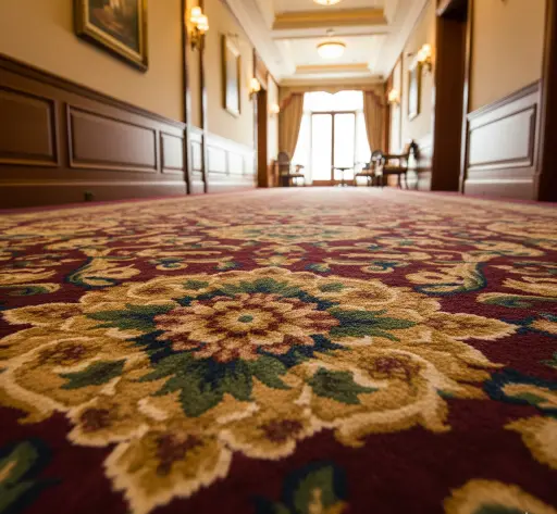 Elegant hotel staircase with a premium grey textured carpet runner and gold fixtures.