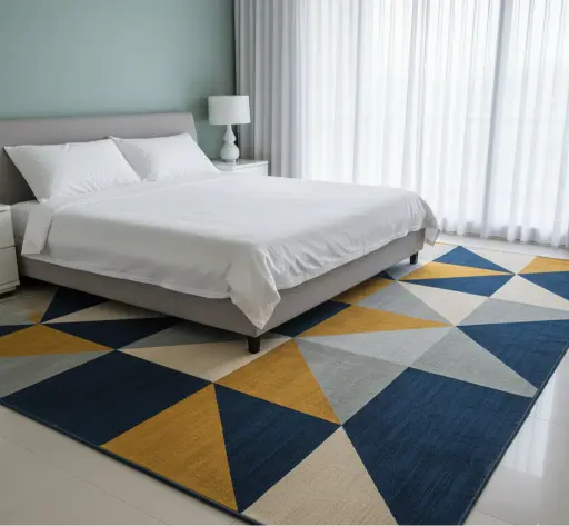 Elegant modern bedroom featuring a neutral-toned rug with flowing organic wave patterns.