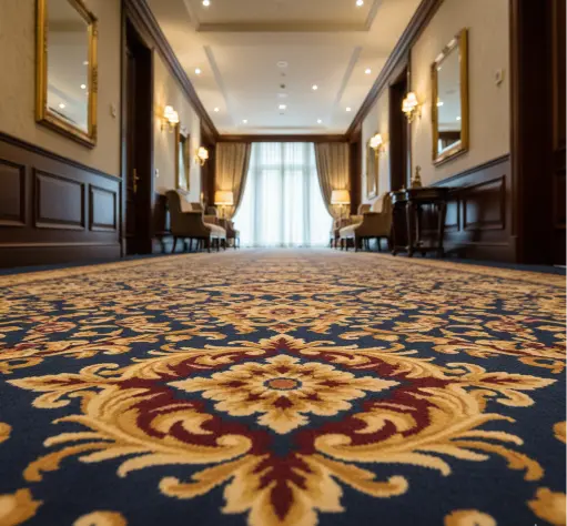 Grand restaurant ballroom featuring a large blue and yellow geometric pattern carpet.