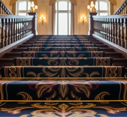 Luxury hotel lobby lounge with a modern grey and yellow abstract striped rug.
