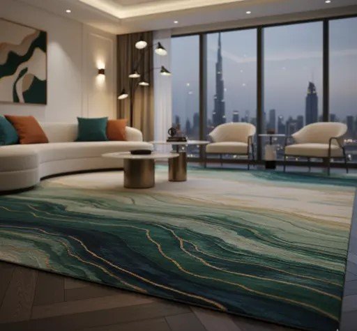 Luxury interior with a green marble-patterned rug and curved white sofa overlooking Burj Khalifa.