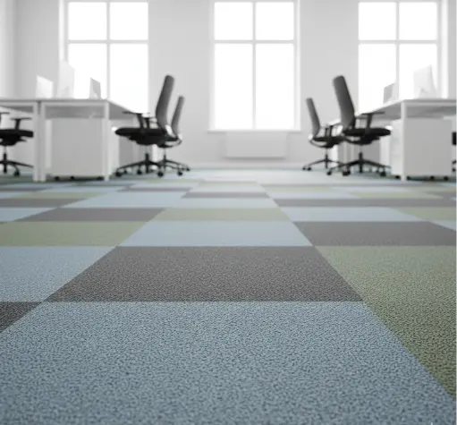 Minimalist corporate office interior with professional grey low-pile industrial carpeting.
