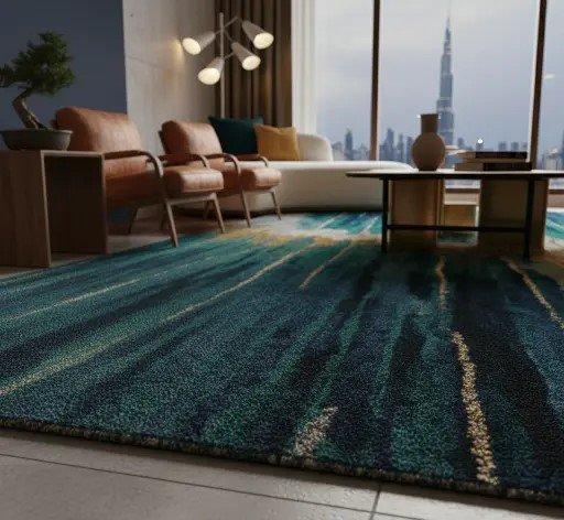 Minimalist cream rug with grey organic swirl patterns in a bright modern apartment.