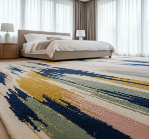 Modern bedroom with an abstract area rug featuring blue, yellow, and pink brushstroke designs.