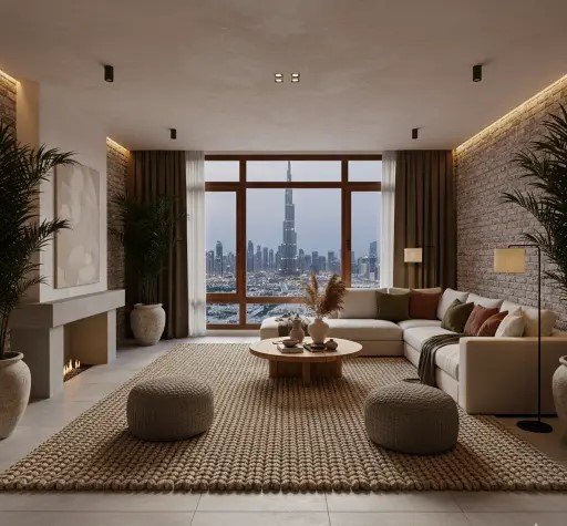 Modern luxury living room with a navy blue and gold abstract area rug and Dubai skyline view.