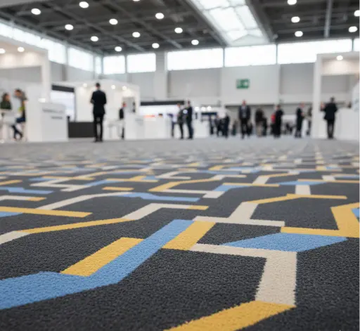 Modern office lounge featuring a grey and mustard yellow abstract striped area rug.