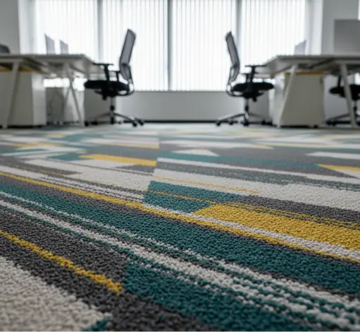 Professional open-plan office with durable blue, green, and grey checkered carpet tiles.