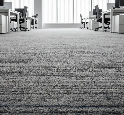 Sleek modern office workspace featuring a vibrant teal and yellow abstract geometric rug.