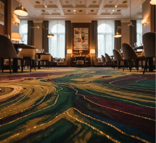 Upscale restaurant interior featuring durable blue and green geometric carpet tiles.